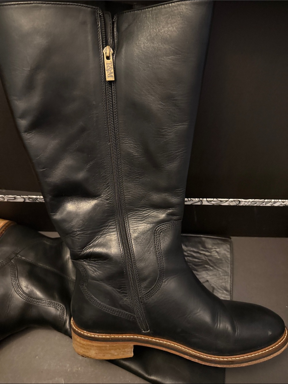 Black Leather Knee-High Zip Riding Boots with Stacked Sole. Extra wide calf 19in